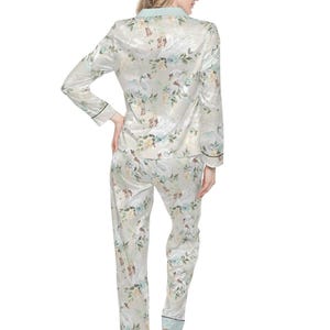 SWAN 2pcs Satin Pajama Set, FAIRYLAND Long Sleeve Shirt & Pants Silky pj, Cottegecore Sleepwear, Garden Party Style Loungewear Clothing