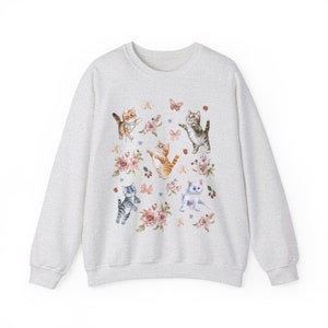 COQUETTE KITTENS Sweatshirt, COTTAGECORE Sweater, Cute Cats Shirt, Boho Floral Shirt, Spring Sweatshirt, Nature Lover gift, Cat Lover Gift Ash