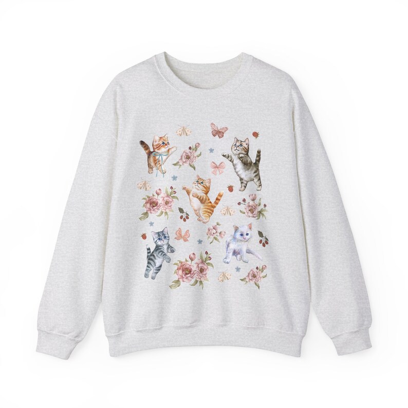 COQUETTE KITTENS Sweatshirt, COTTAGECORE Sweater, Cute Cats Shirt, Boho Floral Shirt, Spring Sweatshirt, Nature Lover gift, Cat Lover Gift Ash