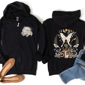MAGICAL WOODLAND Zip Up Hoodie with Lunar Moth Mushrooms Designs, Mystical Whimsical Forest Zipper for Nature Lover, Green Witch Aesthetic