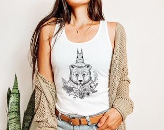 OURS FUNNY & SQUIRREL débardeur dos nageur, haut sans manches Cottagecore, cadeau pour les amoureux des animaux, chemise faune, débardeur amis des bois