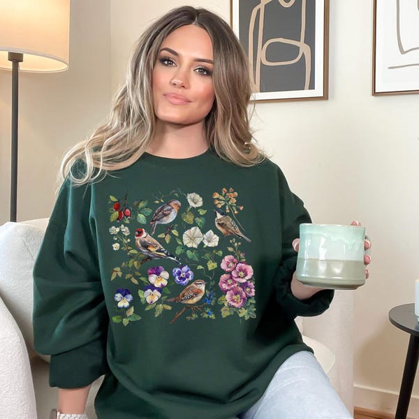 BIRDS & FLOWERS Sweatshirt, COTTAGECORE Sweater, Floral Birds Shirt, Garden Birdsongs Crewneck Pullover, Plant Mama Gift