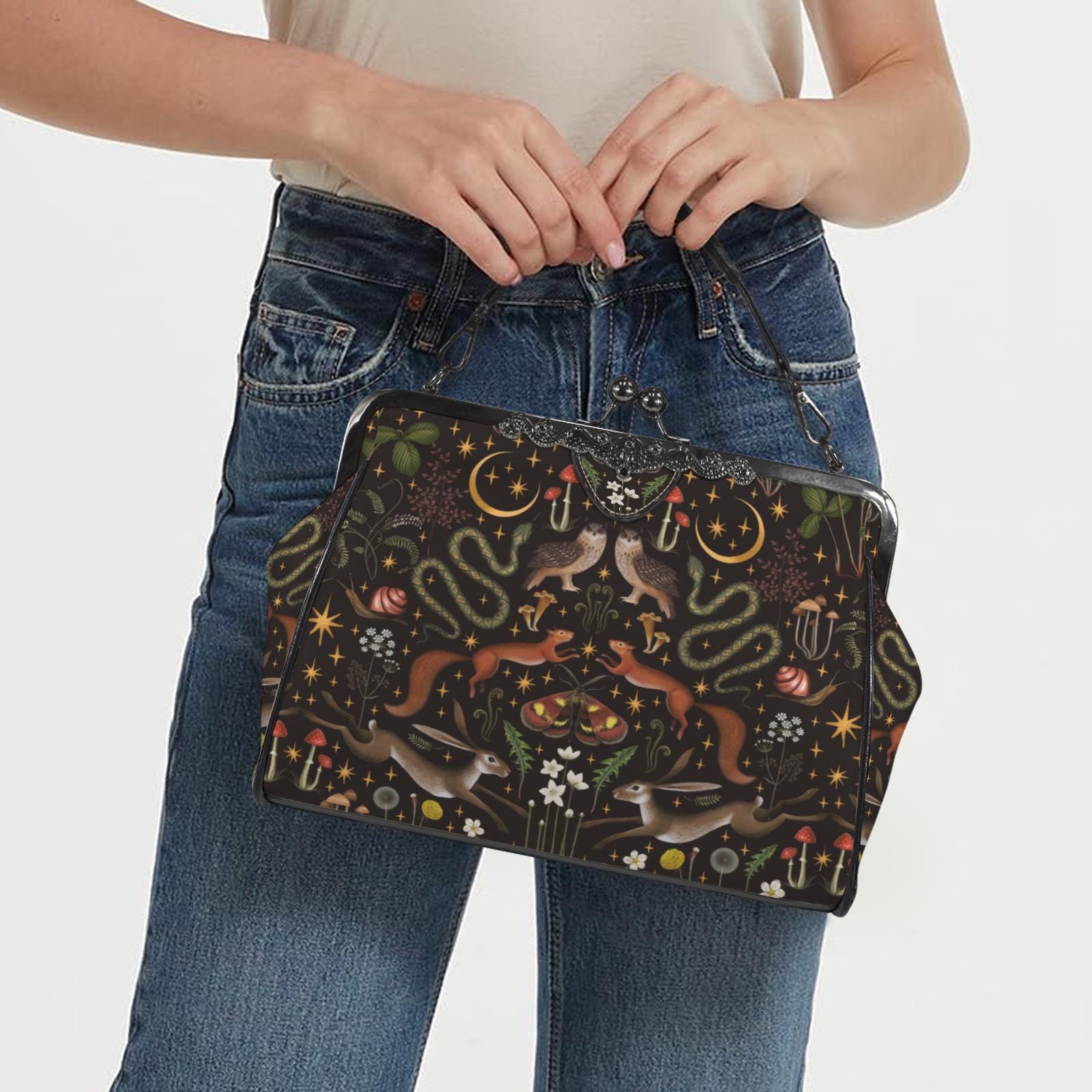 FAIRY FOREST Kisslock Crossbody Shoulder Bag with Owl Rabbit Squirrel Mushroom Moth Moon & Wildf