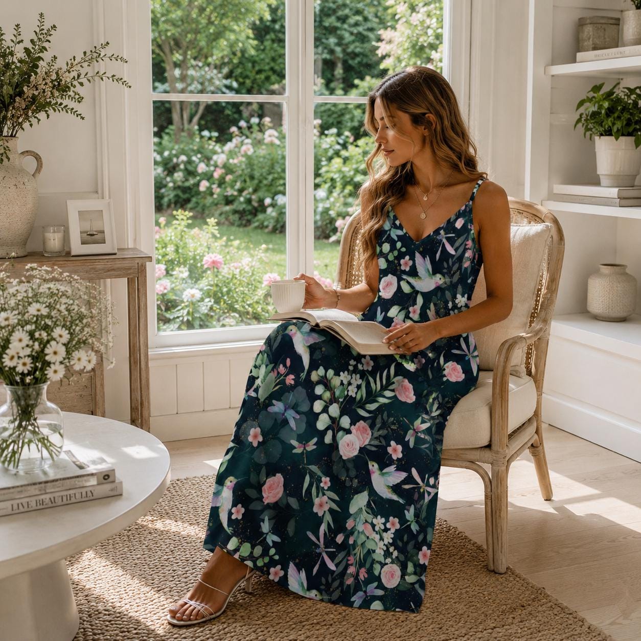 hummingbird maxi dress Fkelyi Womens Fall Dress with Pockets Purple Blue Floral Hummingbird Print V Neck Long Sleeve Maxi Dress for Wedding Guest A-Line Flowy Party Dressess