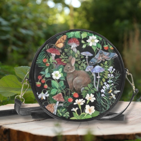 FLORAL BUNNY COTTAGECORE Round Crossbody Bag, Vegan Leather Purse, Nature inspired Sling Bag, Black Messenger Bag, Cute Bunny Circle Purse