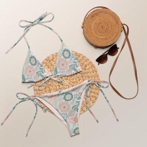 COASTAL SUMMER Recycled String Bikini set, Boho Tropical Swimming Suit, Seashells Bathing Suit, Seahorse Swimsuit