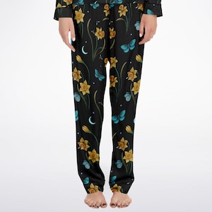 DAFFODILS & Magical Blue MOTH Two Piece Satin Pajama Set, Spring Flowers Long Sleeve Shirt and Pants Silky pj Set, Cottagecore Sleepwear Set