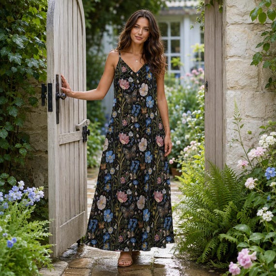 FLORAL BUTTERFLIES Maxi Sun Dress, Dark Cottagecore Ankle Length Dress, Mystical Witchy Dress, Spaghetti Straps Sarafan, Summer Sundress