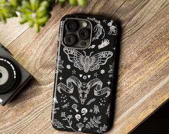 Gothic Tough Cell Phone Case with Moth Skeleton Animals Flowers & Mysticism , Witchcore Phone Case, - iPhone, Google Pixel, Samsung Galaxy