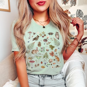 Woodland Wonders: NATURE T-shirt featuring Owl Bird Rabbit Frog Butterflies Mushrooms & Fern, Cottagecore Botanical Shirt, Forest shirt