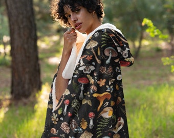 ENCHANTED FOREST Hooded Snuggle Blanket with Birds Butterflies Mushrooms & Fern, Whimsical Woodland Lounge Blanket, Witchy Sherpa Blanket