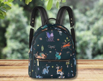 FANTASY DRAGONS Small Backpack, Mythical Creatures Backpack, Fairycore Vegan Leather Backpack, Book Lover Bag, Fantasy Reader Gift