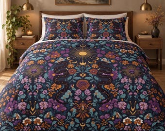 Celestial Snake Cotton Bed Set, Moon Garden Serpent Bedding, Botanical Floral Duvet Cover Set, Dark Cottagecore Bedroom Decor Witchy Blanket