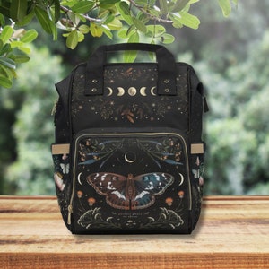 MYSTICAL CELESTIAL BUTTERFLY Diaper Backpack, Magical Woodland Diaper Bag, Nature Lover Gift, Moth & Moon Witchy Backpack, Blooming Flowers