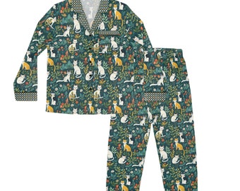 CATS in the GARDEN Conjunto de pijama de satén de dos piezas para mujer, camisa y pantalones de manga larga con estampado floral de gatos, conjunto de pijama sedoso, traje para el hogar Cottagecore Loungewear