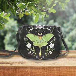 Green Luna Moth Crossbody Saddle Bag with Moon Phases & Flowers, Small Shoulder Bag, Fairycore PU Leather Bag, Cottagecore Crossbody Bag