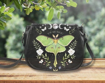 Green Luna Moth Crossbody Saddle Bag with Moon Phases & Flowers, Small Shoulder Bag, Fairycore PU Leather Bag, Cottagecore Crossbody Bag