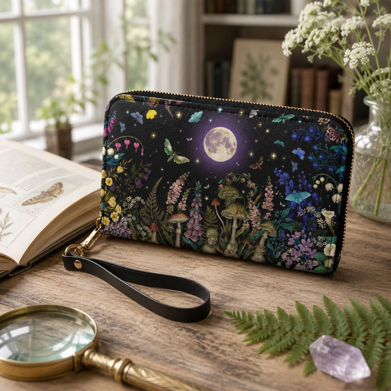MIDNIGHT GARDEN Vegan Leather Wallet With Mushrooms Flowers Moth
