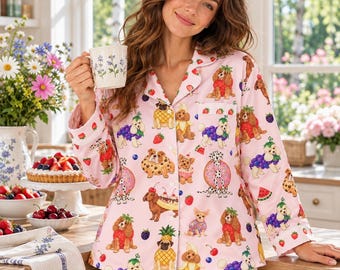 Dog Lover Satin Pajama Top, Cute Dogs in Fruit Costumes Women’s long sleeve pajama top, Pink Button Down Sleep Shirt, Whimsical Puppy shirt