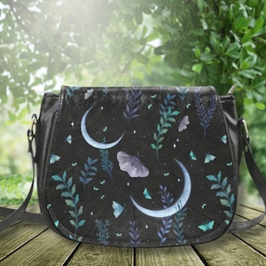 MAGICAL MOON & MOTH Crossbody Saddle Bag, Mystical Garden Shoulder Bag, Fairycore Vegan Leather Bag, Witchy Crossbody Purse, Cottagecore Bag