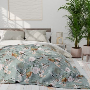 SPRING BIRDS Double side Velveteen Minky Blanket, Botanical Throw Blanket, Garden Sofa Blanket with Birdsongs Pear & Flowers, Mint Blanket