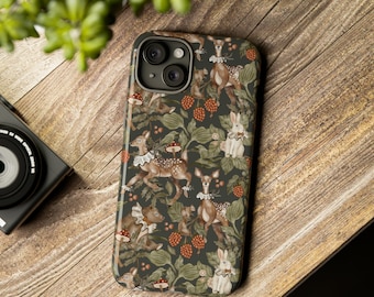Woodland stoere mobiele telefoonhoes met bosdieren, paddenstoelen en bessen, Cottagecore smartphonehoesje, iPhone, Google Pixel, Samsung Galaxy