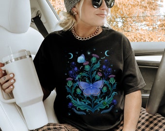 MAGICAL Blue MOTH & THISTLE T-shirt, Floral Butterfly Shirt, Witchy Shirt, Nature Lover Gift, Mystical Shirt with Moon Moth and Flowers