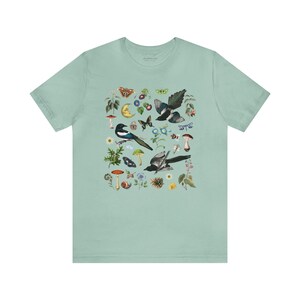WOODLAND Shirt with MAGPIES MUSHROOMS Butterflies Moth Bindweed Wildflowers & Forest Plants, Botanical Tee for Nature Lovers Gift Dusty Blue