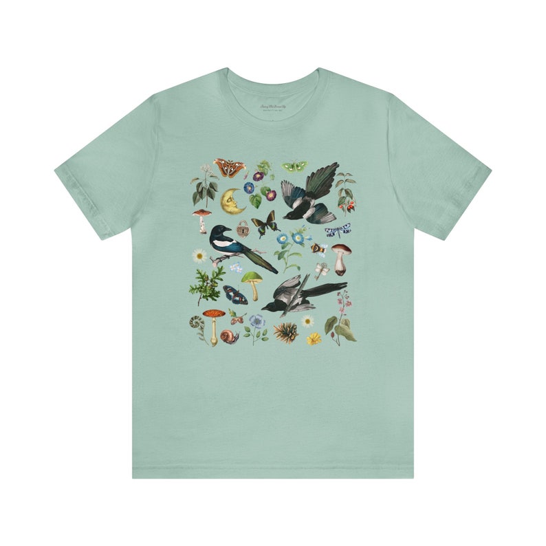 WOODLAND Shirt with MAGPIES MUSHROOMS Butterflies Moth Bindweed Wildflowers & Forest Plants, Botanical Tee for Nature Lovers Gift Dusty Blue