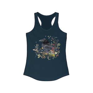 RAVEN Tank Top, Boho Witchy Racerback Tank Top, schwarze Krähe Tank Top, Forestcore Shirt, mystische Kleidung, magisches Wicca Halloween Tank Top Solid Midnight Navy