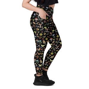 FOREST BIRDS Cottagecore Crossover Leggings with Pockets, Nature inspired Athletic Leggings with Birdsongs Butterflies Mushrooms & Flowers