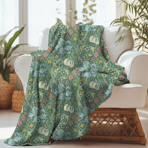 GOLDEN LILY inspired by William Morris Sherpa Blanket, Vintage styled Sofa blanket, Art Nouveau Flowers Blanket, Cottagecore Floral Blanket