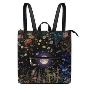 Mystical Witchy PU Leather Anti-theft Backpack, Enchanted Whimsical Convertible Satchel Bags, Moonlit Forest Daypack, Perfect for Day Trips