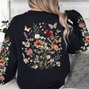 Boho Cottagecore Floral Sweatshirt with BACK FRONT SLEEVES print, Wildflowers Shirt, Botanical Sweater, Garden Lover Gift, Mothers Day gift