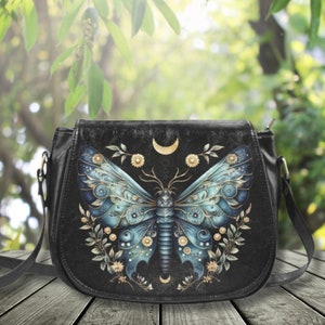 Whimsical Moth Crossbody Saddle Bag, Mystical Shoulder Bag, Butterfly Vegan Leather Bag, Witchy Crossbody Purse, Whimsigoth Messenger Bag