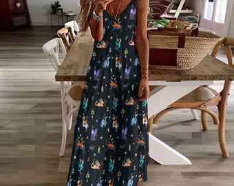 MYTHICAL CREATURES Summer Sling Dress, Fantasy Dragons Sundress, Mystical Witchy Spaghetti Straps Maxi Dress, Fairycore Ankle Length Sun Dre
