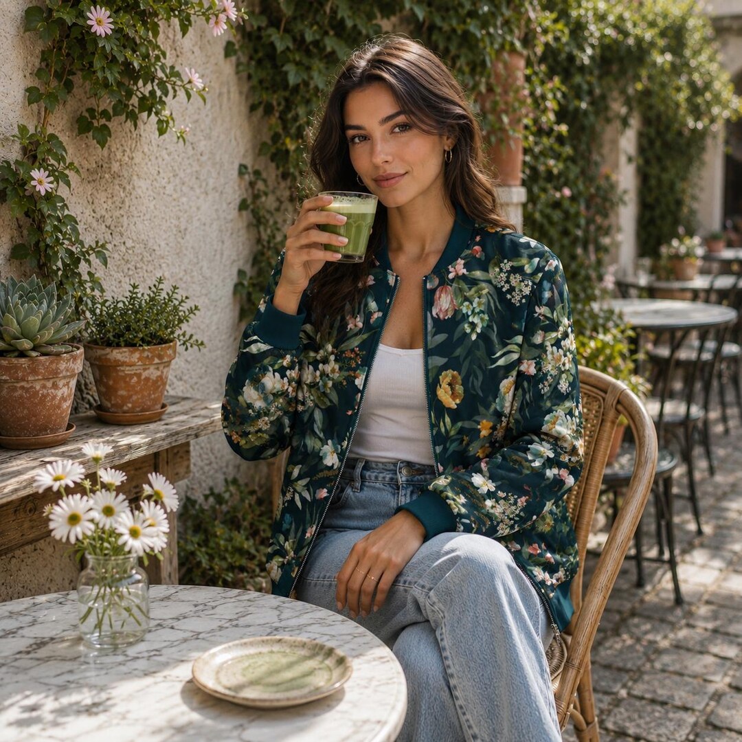 Boho Flowers Bomber Jacket, Botanical Zip up Jacket, Dark Floral