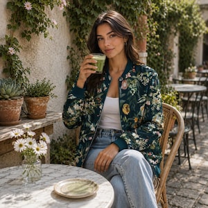 Boho Flowers Bomber Jacket, Botanical Zip Up Jacket, Dark Floral Bomber Jacket, Cottagecore Jacket, Aesthetic Bomber Jacket, Spring Jacket