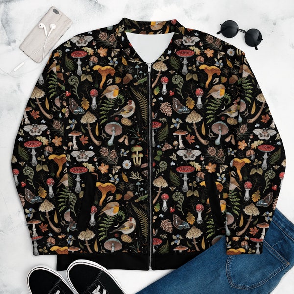 ENCHANTED FOREST Unisex Bomber Jacket with Birds Mushrooms Fern and Plants Print, Magical Woodland Jacket, Fall inspired Botanical Jacket