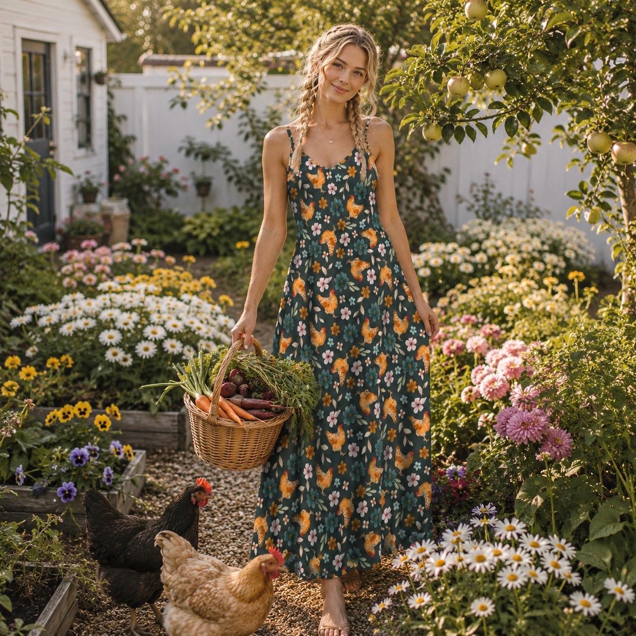 chicken maxi dress FLORAL CHICKENS Sling Dress, Boho Flowers Ankle Length Summer Sundress, Homestead Dress, Cottagecore Maxi Sun Dress, Casual Summer Dress