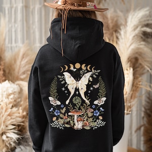 MAGICAL WOODLAND Zip Up Hoodie with Lunar Moth Mushrooms Designs, Mystical Whimsical Forest Zipper for Nature Lover, Green Witch Aesthetic