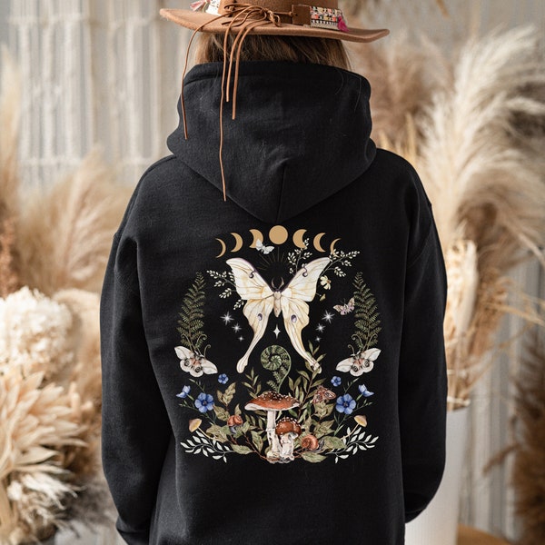 MAGICAL WOODLAND Zip Up Hoodie with Lunar Moth Mushrooms Designs, Mystical Whimsical Forest Zipper for Nature Lover, Green Witch Aesthetic