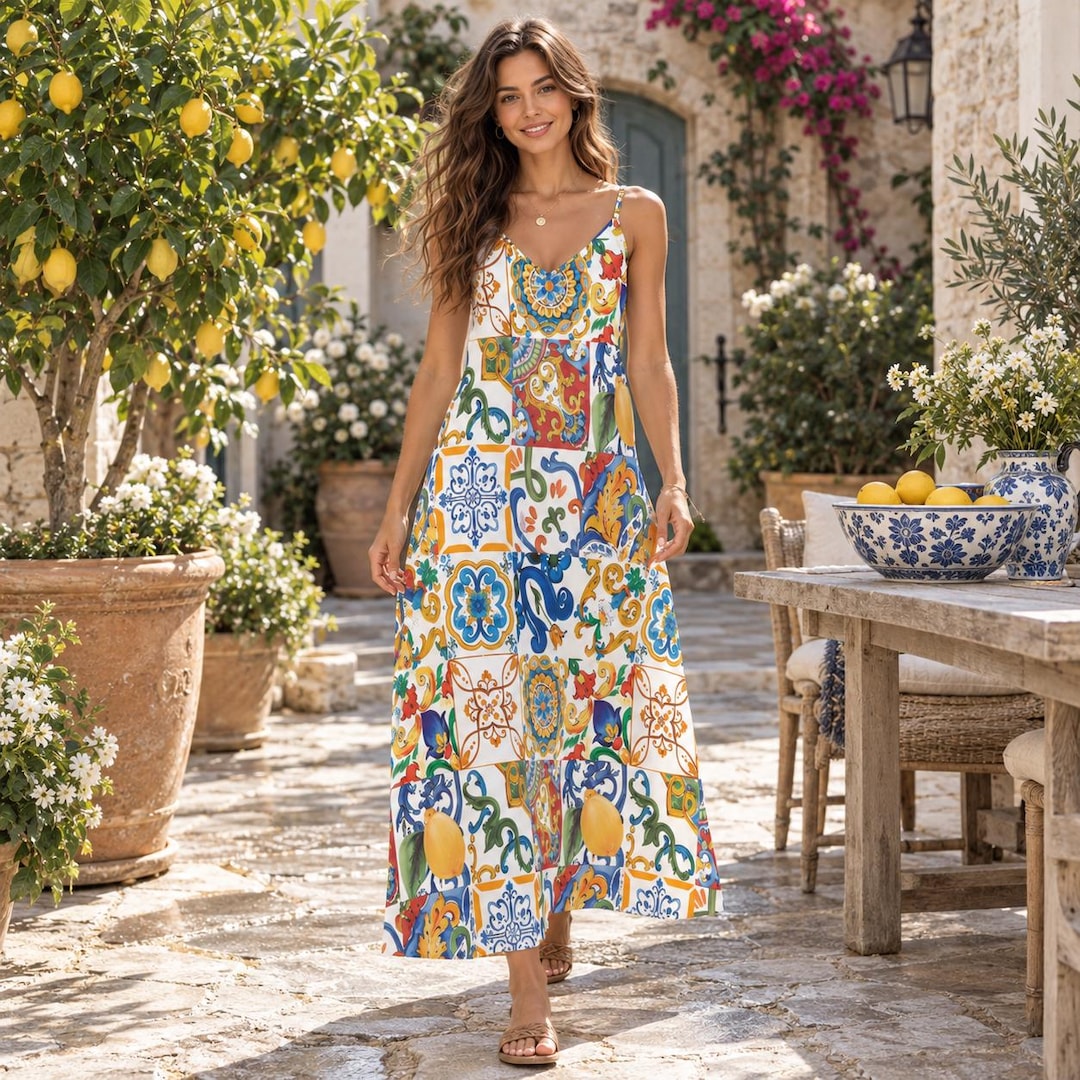 MAJOLICA Sling Dress, Italian Tiles Ankle Length Sundress