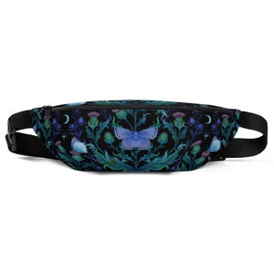 BLUE MOTH & THISTLE Fanny Pack, Nature inspired Waterproof Crossbody Bag with Moon Moth and Thistle Cottagecore Floral Crossbody Waist Pouch