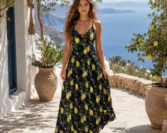 Lemons & Olives Summer Dress, Portuguese Sling Dress, Ankle Length Sundress, Mediterranean Maxi Dress, Italy inspired Vacation Sun Dress