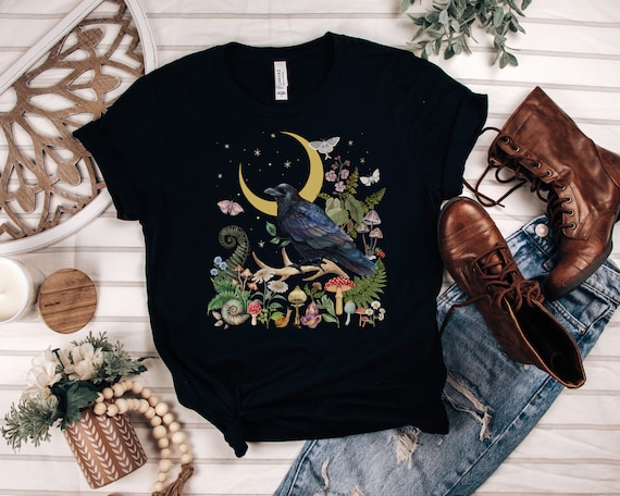 RAVEN T-shirt, BLACK BIRD Crow Dark Woods Goblincore Shirt, Mystical Forest Tee Gift for Witchy Woman, Night Moth Fairy Grunge Shirt