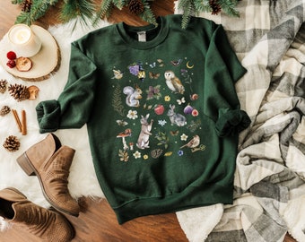 COTTAGECORE Sweater with Owl Rabbits Squirrel and Birds print, Cute Animals Sweatshirt, Warm Autumn/Winter Pullover for Nature Lovers Gift