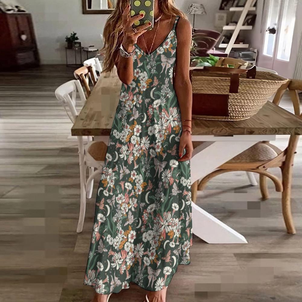 RETRO FLOWERS Sling Dress, Green Luna Moth Maxi Dress, Boho Witchy Dress, Cottagecore Fall Dress, Garden Party Style Dress, Gift for Mother