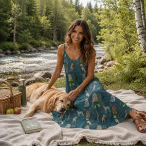 CUTE DOGS Sling Dress, Rain Puppies Ankle Length Sling Dress, Garden Party Style Maxi Dress, Cottagecore Sundress, Dog Mama Gift, Fall Dress immagine 4