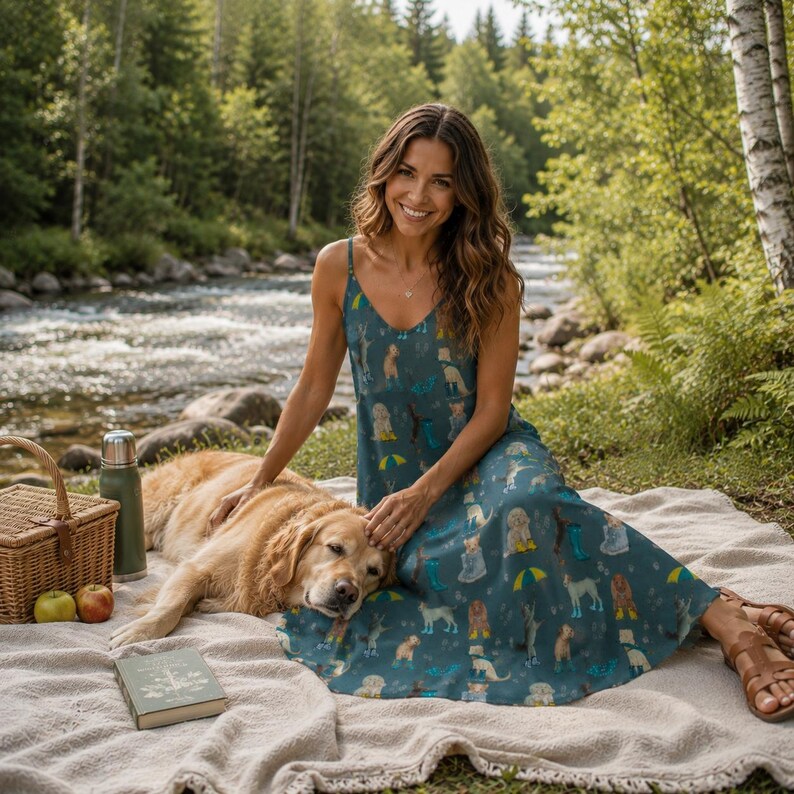 CUTE DOGS Sling Dress, Rain Puppies Ankle Length Sling Dress, Garden Party Style Maxi Dress, Cottagecore Sundress, Dog Mama Gift, Fall Dress immagine 4